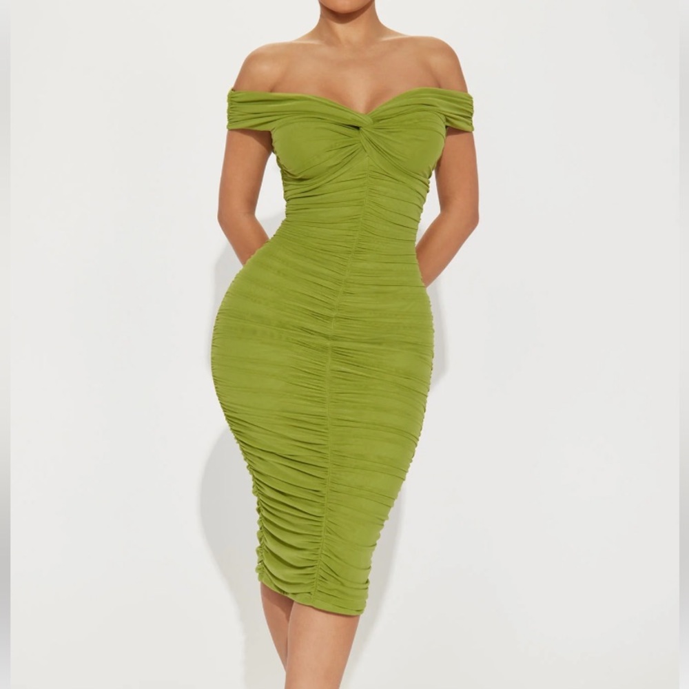NWT Fashion Nova The Sexy Tink Midi Dress Lime Olive Green Ruching Flattering